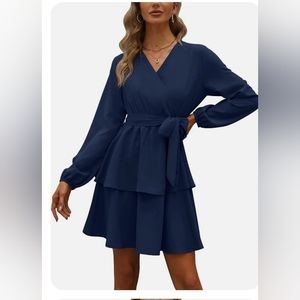 NEW OFEEFAN Casual Dresses V Neck Waist Tie Wrap Dress Long Sleeve Ruffle S